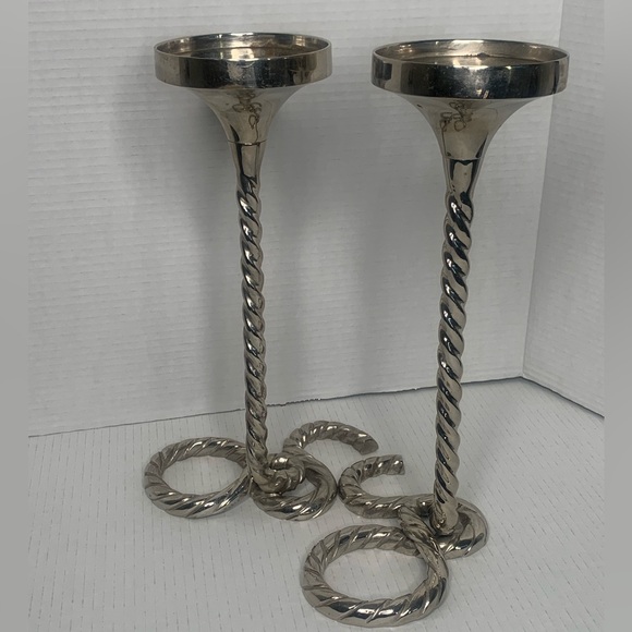 WEST ELM SILVER  DECORATIVE SPIRAL PILLER CANDLE HOLDERS 3x3 size - Picture 2 of 11